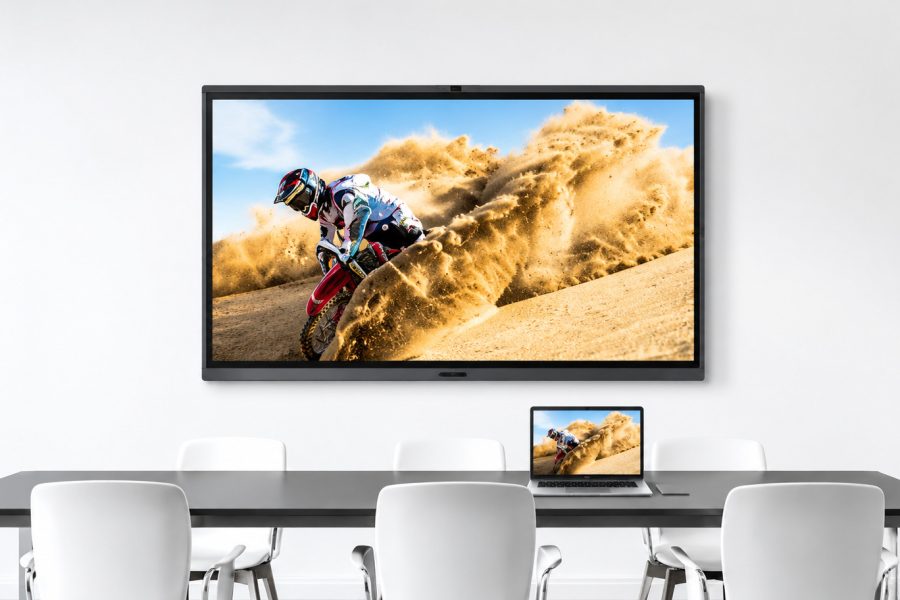 MAXHUB interactive display wall-mounted in a modern conference room with a motocross rider image mirrored on a laptop screen placed on the table