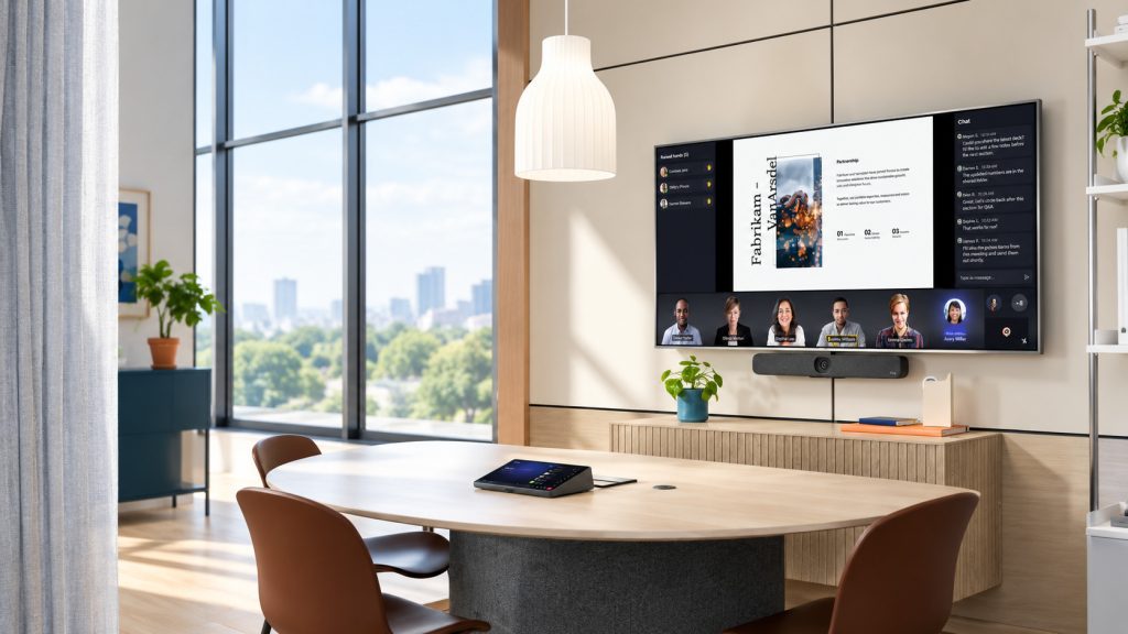 Modern BYOD meeting room equipped with Logitech video conferencing technology, featuring a large wall-mounted display showing a hybrid video call, a Logitech video bar mounted beneath the screen, and a touch controller