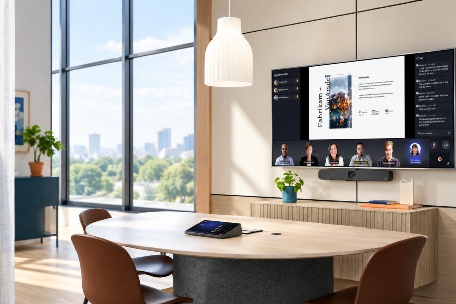 Modern BYOD meeting room equipped with Logitech video conferencing technology, featuring a large wall-mounted display showing a hybrid video call, a Logitech video bar mounted beneath the screen, and a touch controller