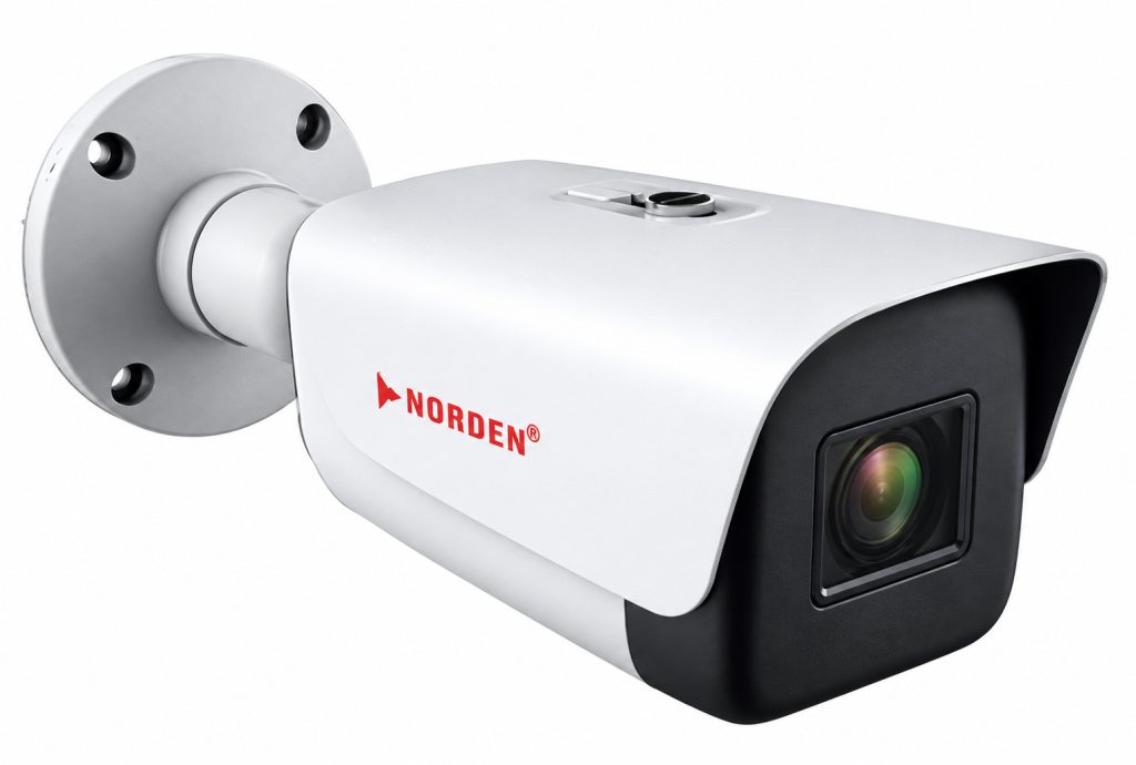 Norden white and black bullet CCTV camera with wall mount against a plain background.