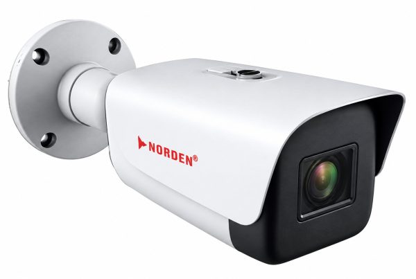 Norden white and black bullet CCTV camera with wall mount against a plain background.