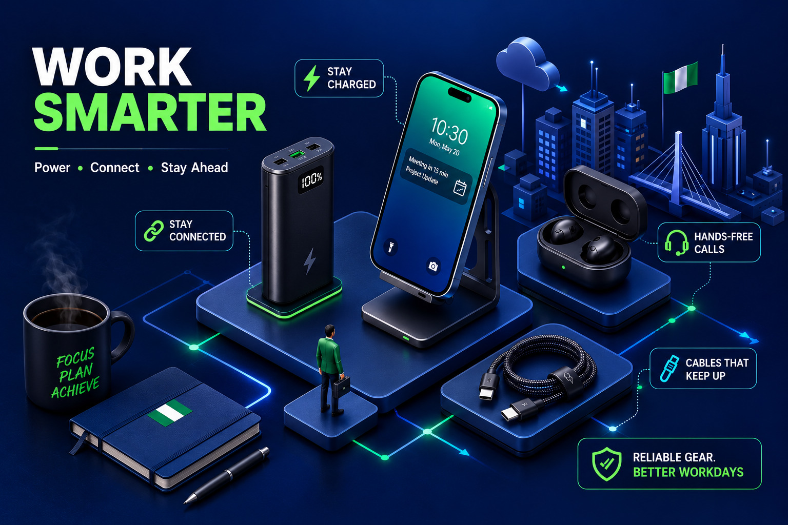 Simple tech and phone accessories including a power bank, smartphone, wireless earbuds, and charging cables displayed alongside a notebook and mug.
