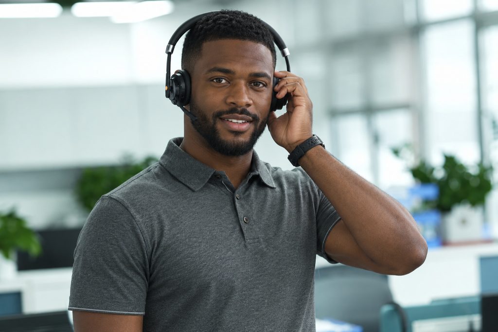A Black man wearing a grey polo shirt and adjusting a black VTB320-D Wireless ANC Headset in a modern office background.