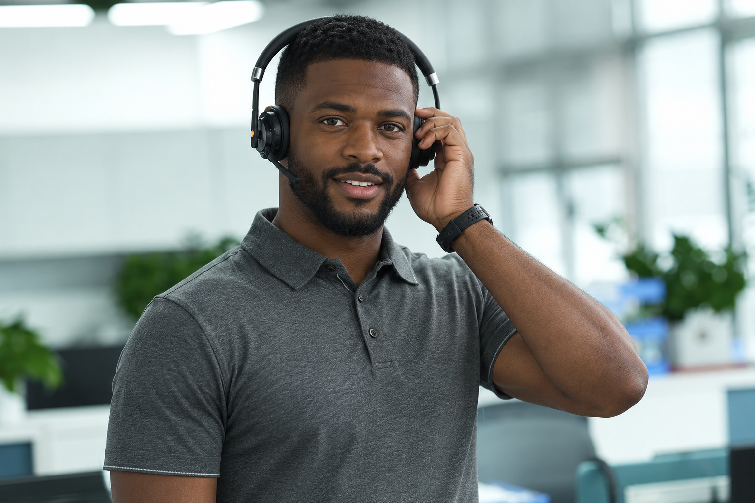 A Black man wearing a grey polo shirt and adjusting a black VTB320-D Wireless ANC Headset in a modern office background.