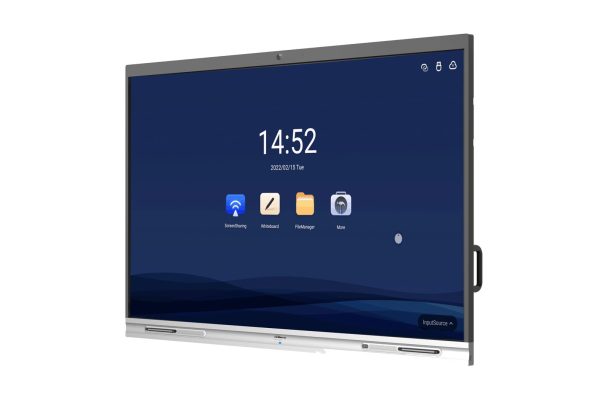 Dahua DeepHub smart interactive display featuring a silver bottom bezel, built-in camera, and home screen interface with ScreenSharing, Whiteboard, and FileManager apps.