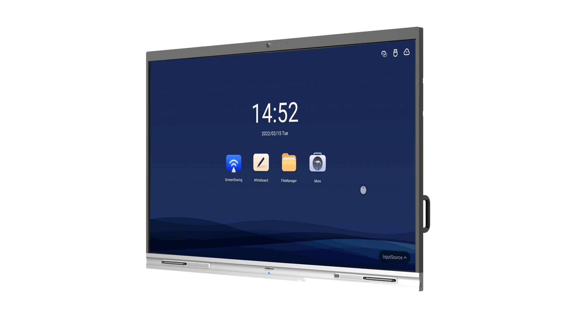 Dahua DeepHub smart interactive display featuring a silver bottom bezel, built-in camera, and home screen interface with ScreenSharing, Whiteboard, and FileManager apps.