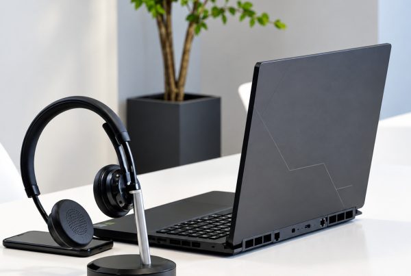 VT X300 BT dual-ear Bluetooth wireless headset resting on its charging base alongside an open black laptop and smartphone on a modern white office desk