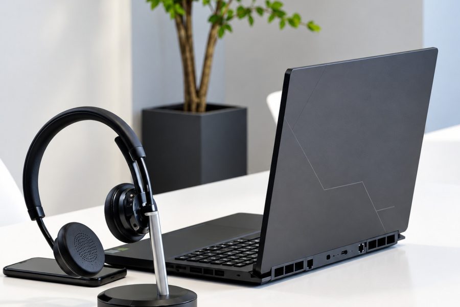 VT X300 BT dual-ear Bluetooth wireless headset resting on its charging base alongside an open black laptop and smartphone on a modern white office desk