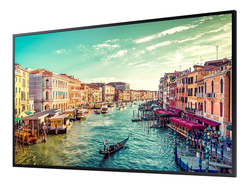 Samsung 43-Inch 4K Smart Signage QM43R display panel showing a scenic view of a canal in Venice with gondolas, historic buildings, and clear skies