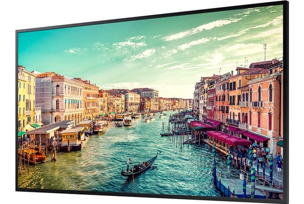 Samsung 43-Inch 4K Smart Signage QM43R display panel showing a scenic view of a canal in Venice with gondolas, historic buildings, and clear skies