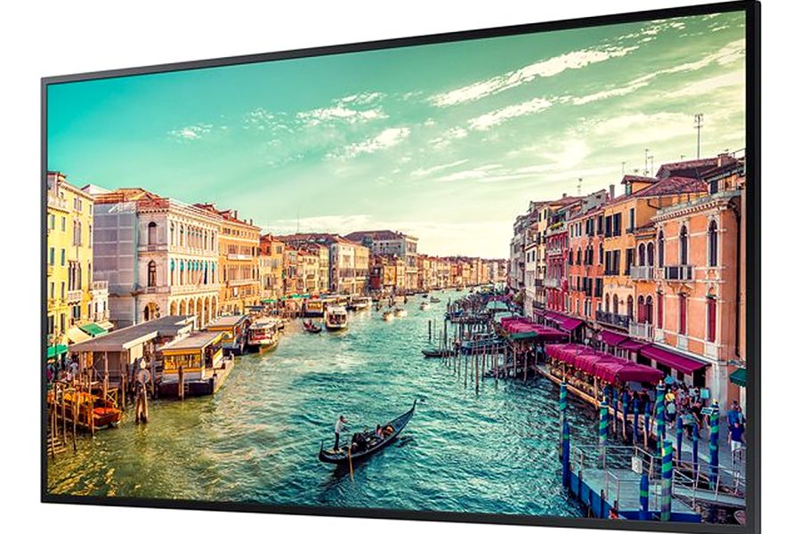 Samsung 43-Inch 4K Smart Signage QM43R display panel showing a scenic view of a canal in Venice with gondolas, historic buildings, and clear skies