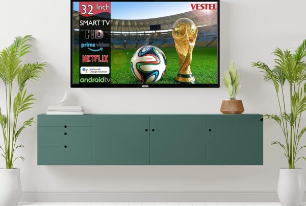 Vestel 55-inch 4K UHD Smart TV displaying a colorful, vibrant abstract pattern of floating 3D spheres.