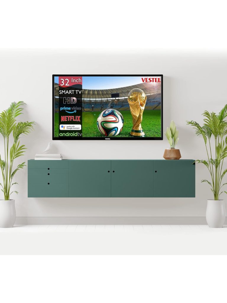 Vestel 55-inch 4K UHD Smart TV displaying a colorful, vibrant abstract pattern of floating 3D spheres.