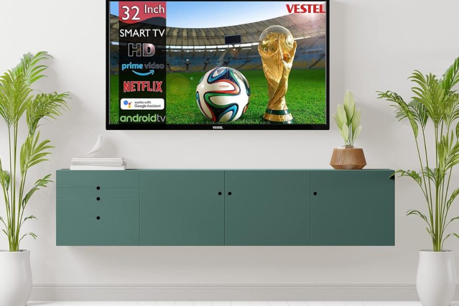 Vestel 55-inch 4K UHD Smart TV displaying a colorful, vibrant abstract pattern of floating 3D spheres.