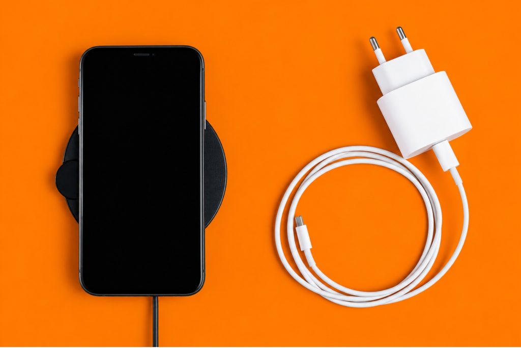 Top-down view of a black smartphone resting on a round black wireless charging pad alongside a coiled white charging cable and power adapter against a bright orange background.