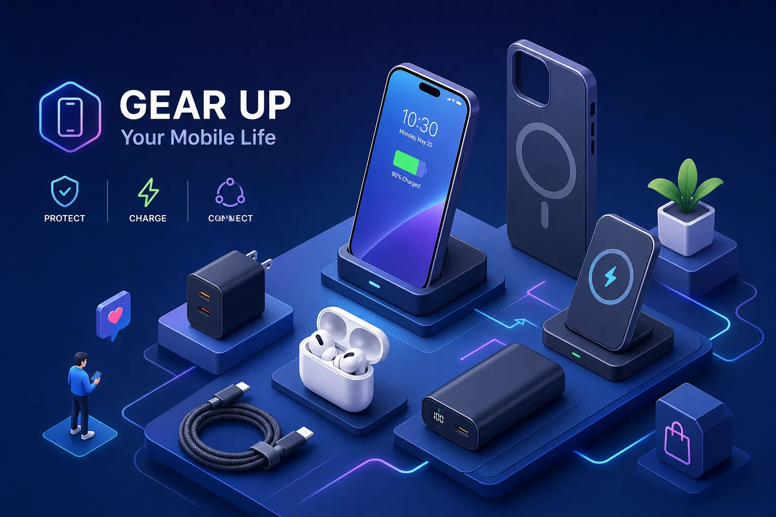 Phone Accessories & Mobile Essentials product showcase featuring a smartphone on a charging dock, wireless earbuds, a power bank, a wall charger, and a magnetic phone case on a blue background.