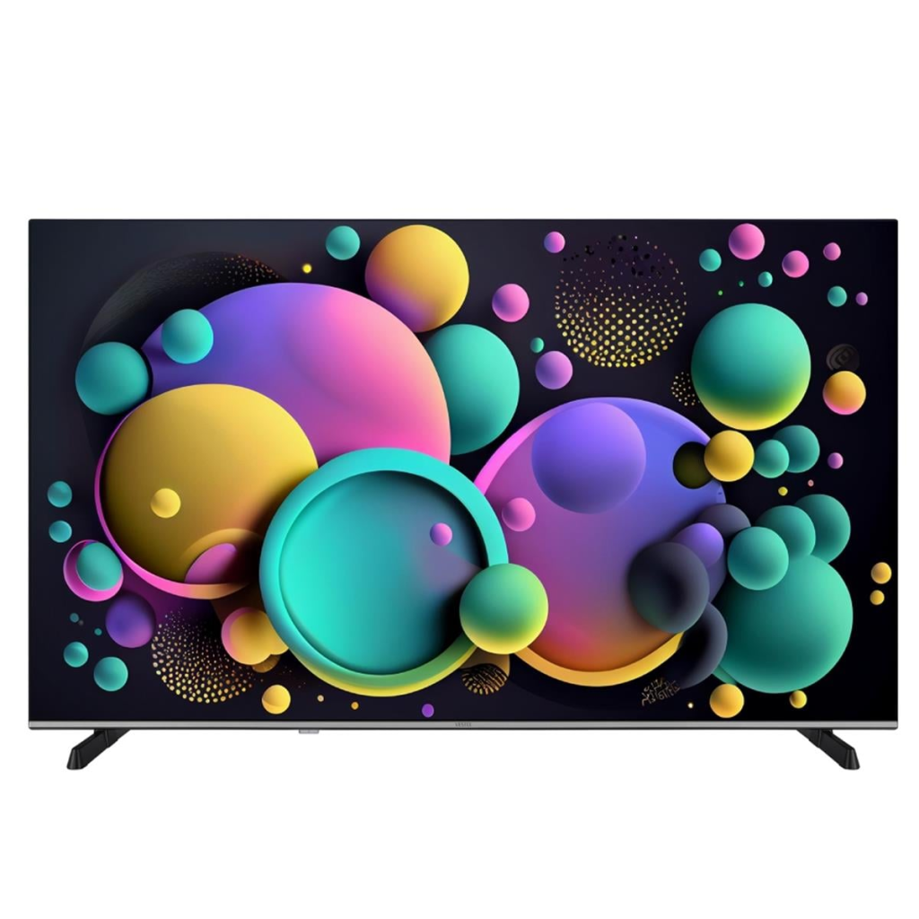 Vestel 55-inch 4K UHD Smart TV displaying a colorful, vibrant abstract pattern of floating 3D spheres.