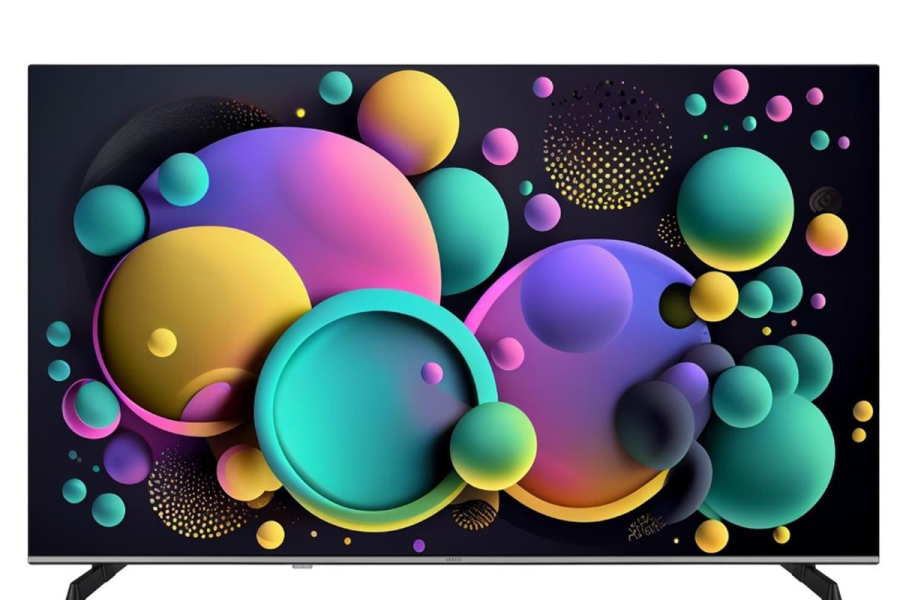 Vestel 55-inch 4K UHD Smart TV displaying a colorful, vibrant abstract pattern of floating 3D spheres.